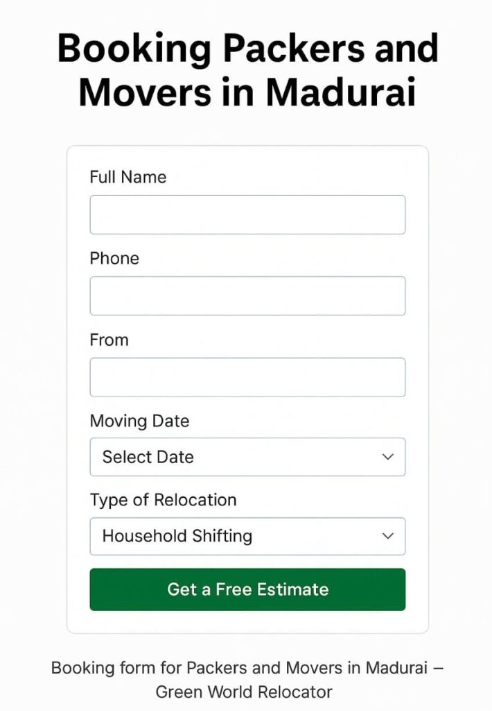 Booking form for Packers and Movers in Madurai – Green World Relocator