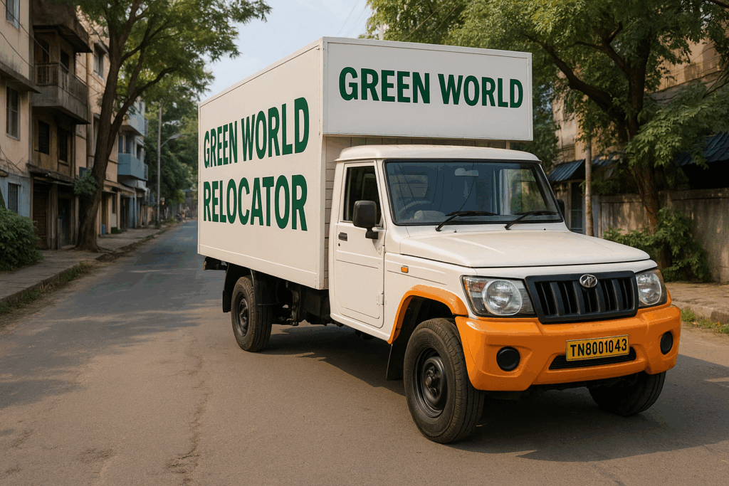 Green World Relocator-branded moving truck parked in Chennai