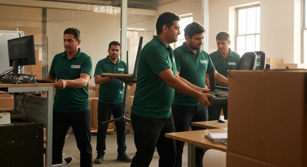 Office relocation in Salem with movers handling office equipment.