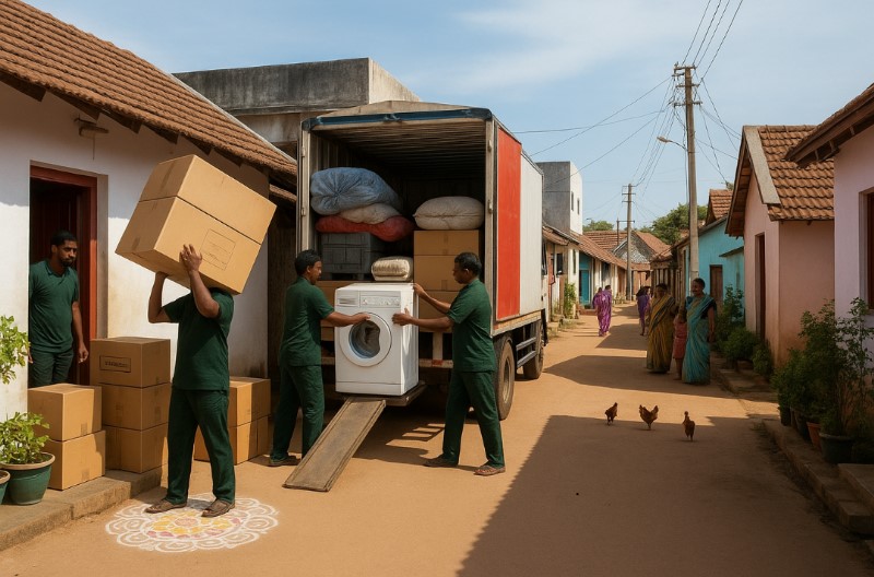 Movers unloading packed household goods from a truck in Salem during house shifting.