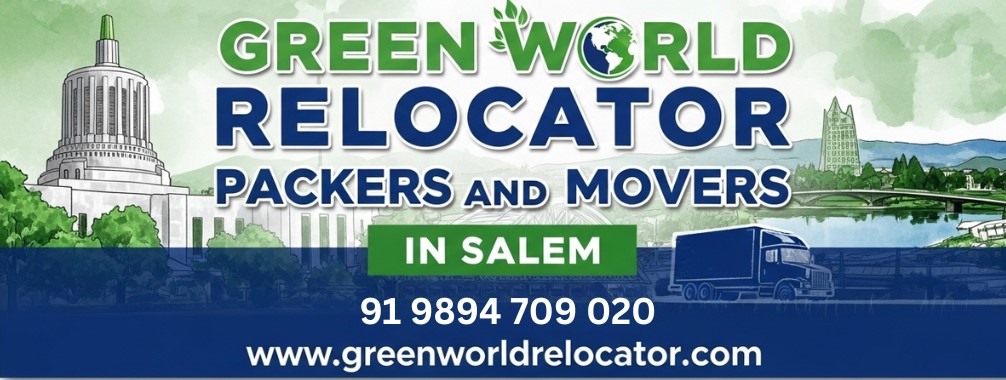 Green World Relocator team standing next to a moving truck with packed boxes in Salem.