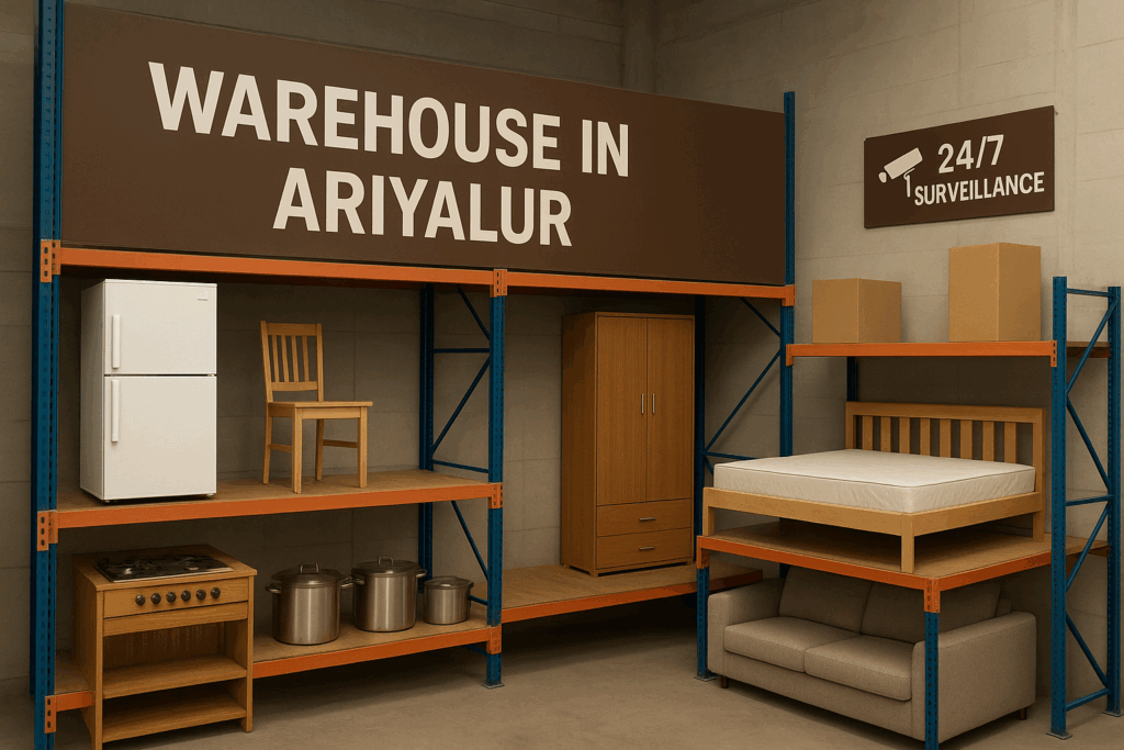 Warehouse facility in Ariyalur with storage racks and 24/7 surveillance for household goods.