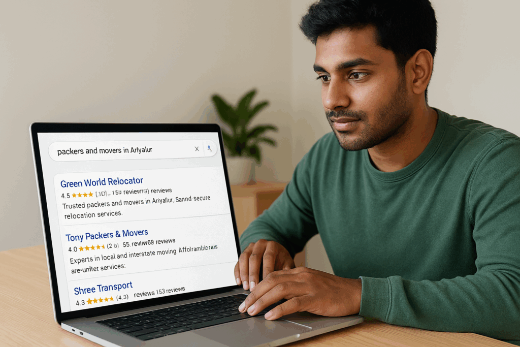 Customer verifying packers and movers in Ariyalur online before booking relocation services.