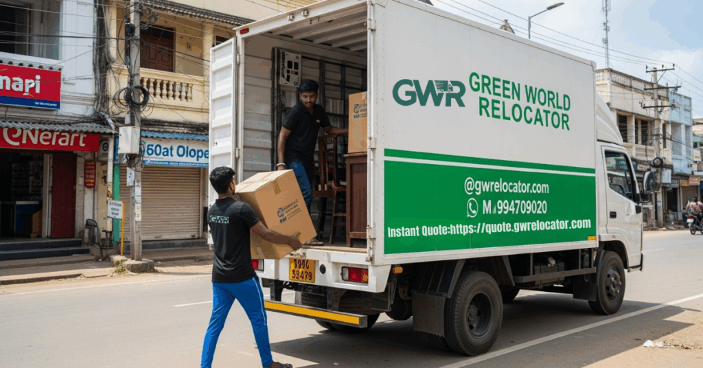 Green World Relocator truck transporting goods safely in Karaikudi.
