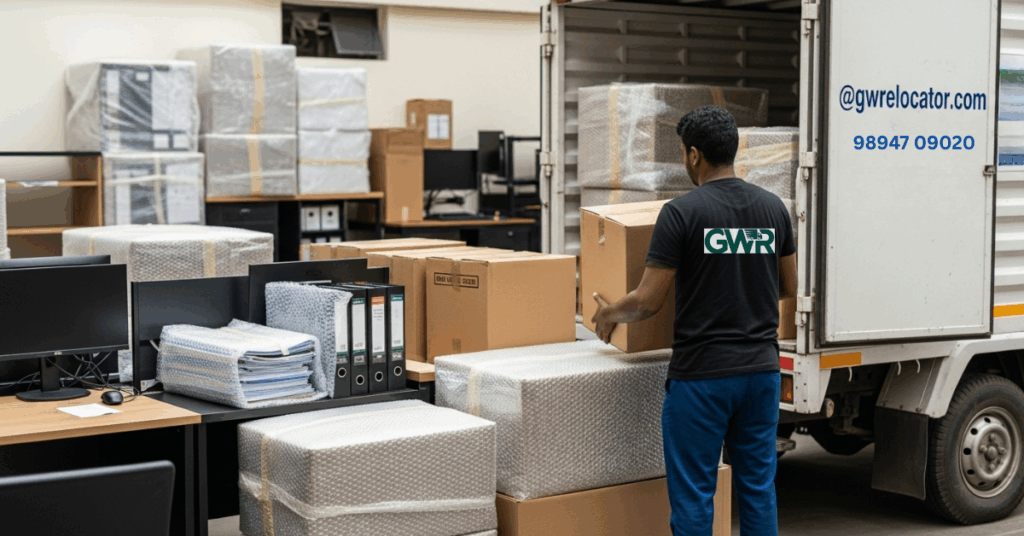 Office furniture and computers being moved safely by Green World Relocator in Karaikudi.

