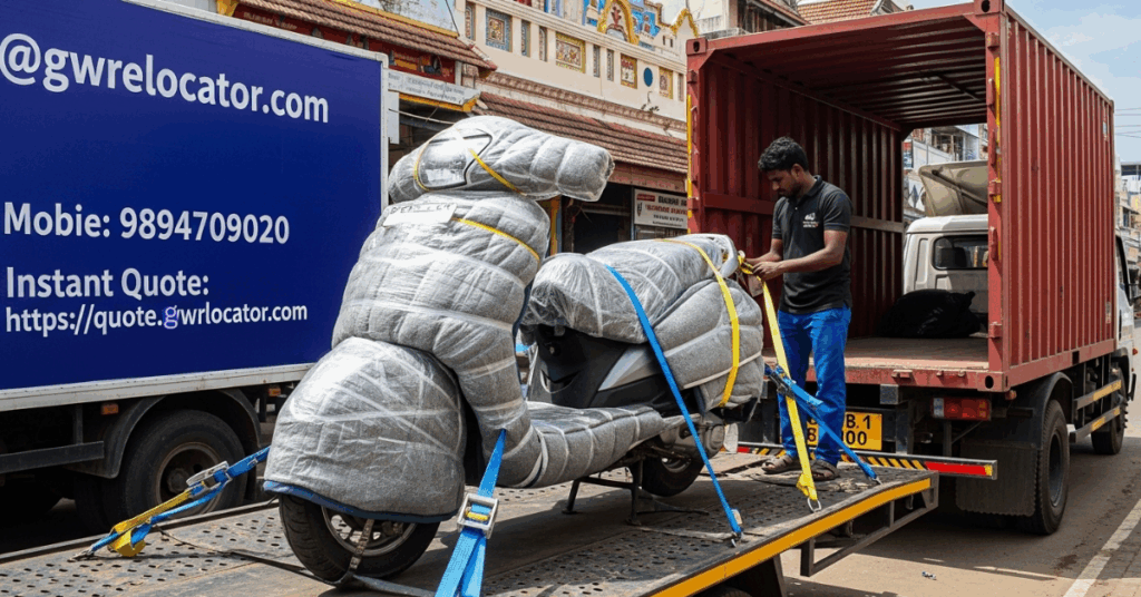 Two-wheeler being safely transported by Packers and Movers in Karaikudi.