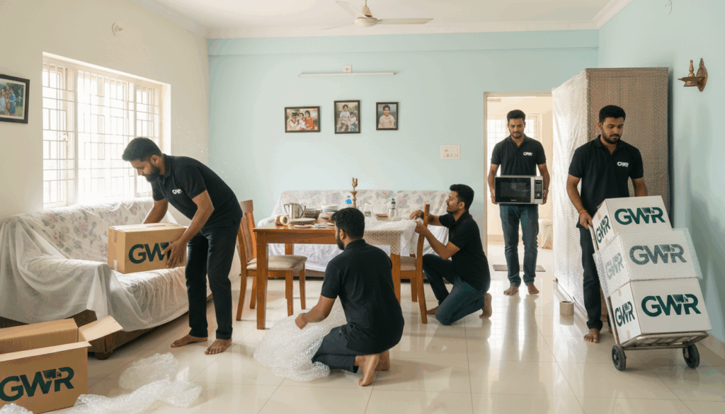     Professional packers using bubble wrap and boxes in Pollachi.
