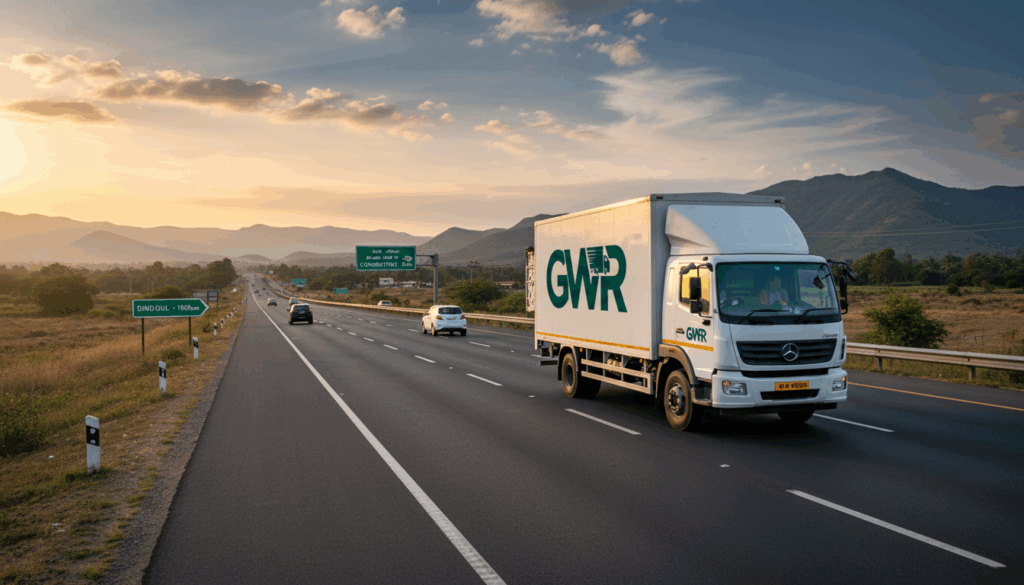  Moving truck on the road frompackers and movers in Dindigul to Coimbatore carrying packed goods.