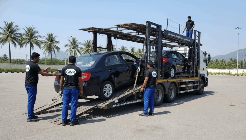  Car being loaded onto a vehicle transport truckin packers and movers in Dindigul.
