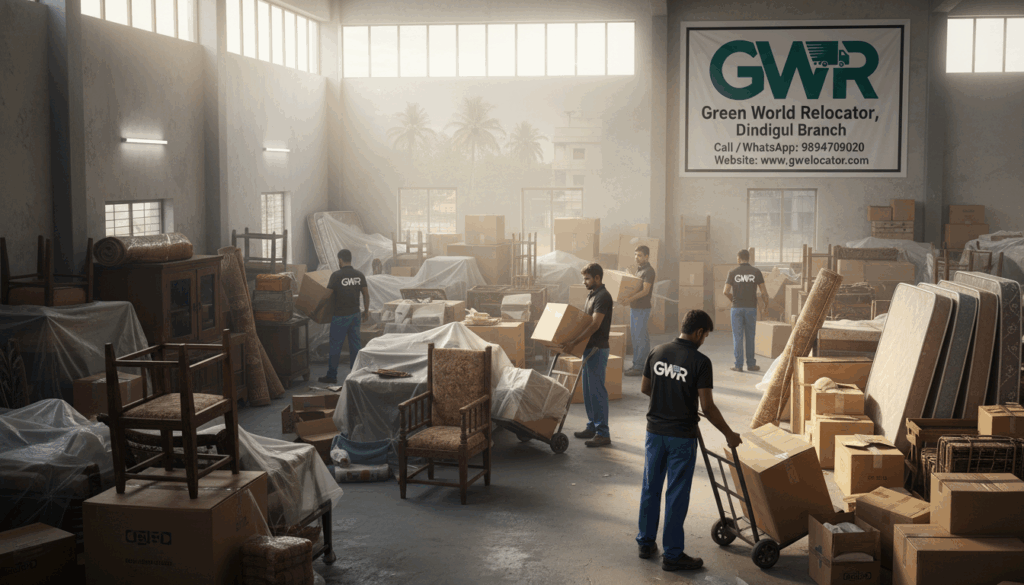 Warehouse facility with stored household goods in Dindigul.