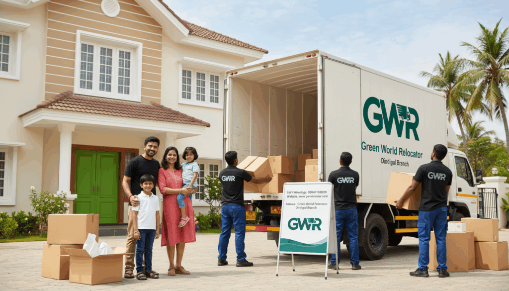 Happy family smiling after successful house shifting packers and movers in Dindigul.