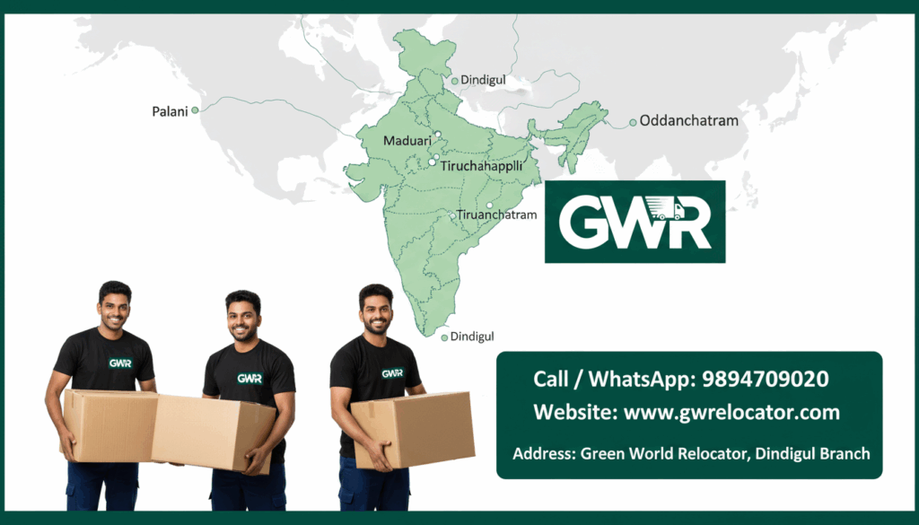  Map showing Dindigul and nearby service areas covered by Green World Relocator packers and movers in dindigul.