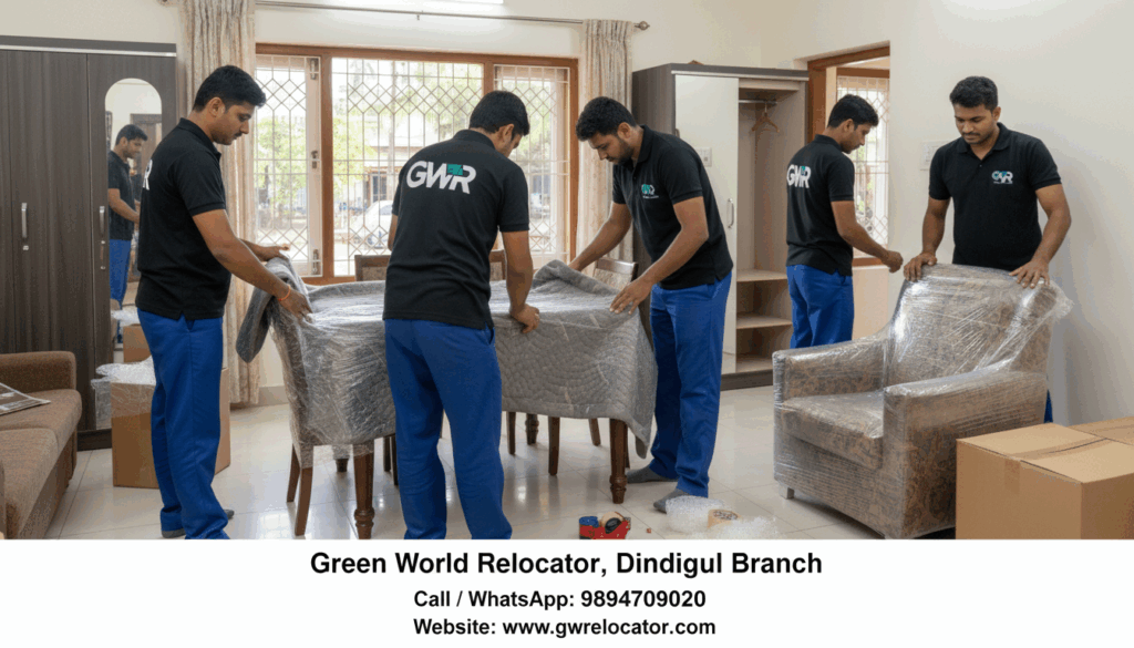  Experienced packers carefully wrap furniture during home shifting in Dindigul.