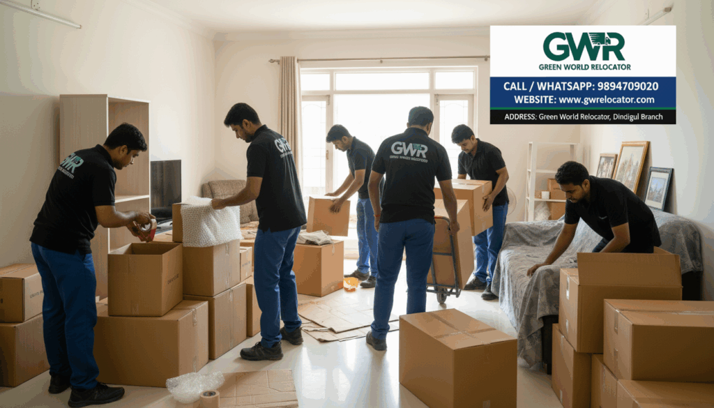 Packing materials and boxes ready for household moving in Dindigul.