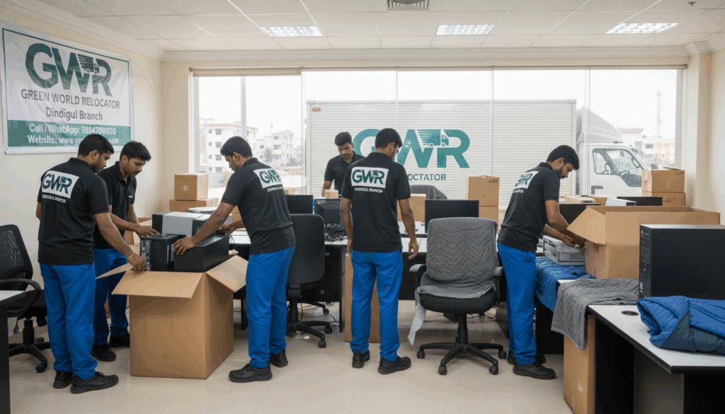 Office relocation team packing computers and desks packers and movers in Dindigul.