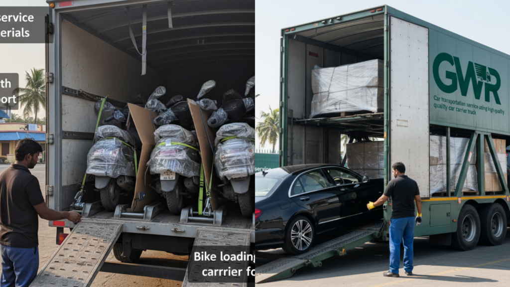 Secure bike and car transport service using protective packing materials.