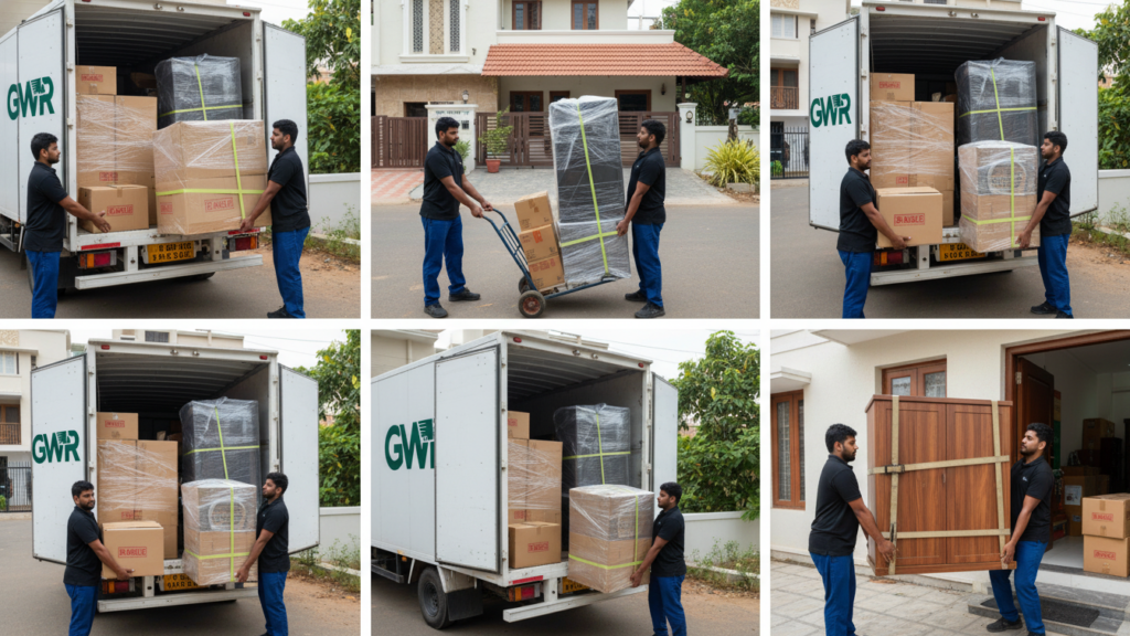 Movers loading furniture and appliances into the truck securely.