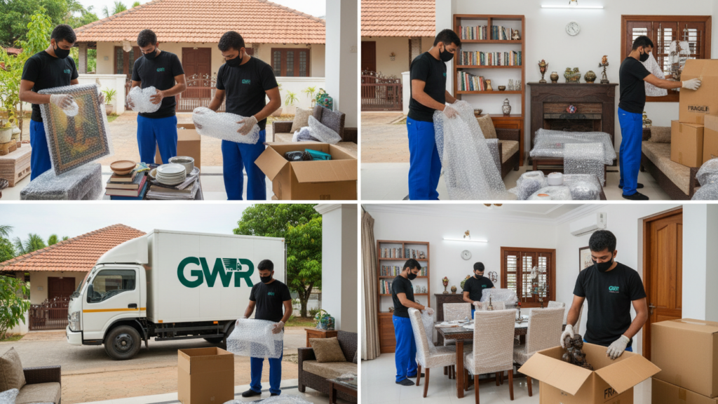 Unpacking service team arranging items in the new home.